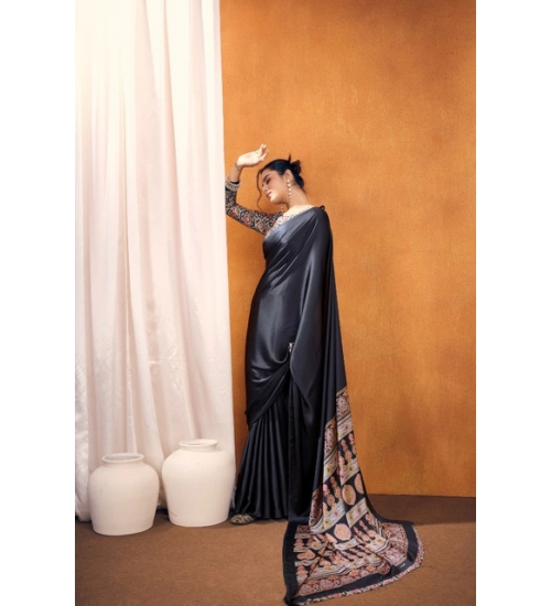 Generic Women's Satin Crepe Printed Saree With Unstitched Blouse 5.5Mtr (Black)