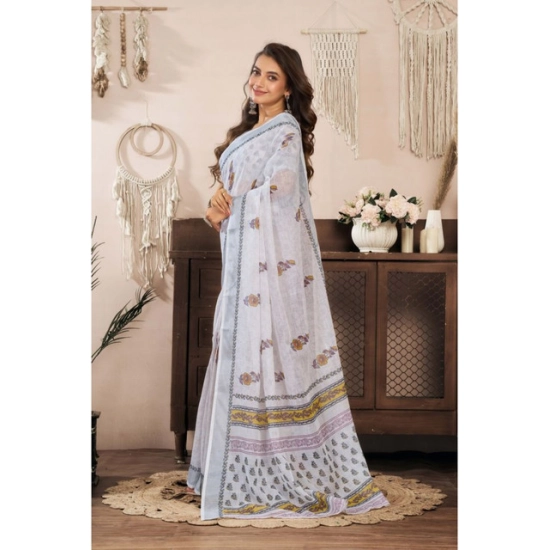 Generic Women's Linen Cotton Printed Ready To Wear Saree With Unstitched Blouse 5.5 Mtr (Off_White)