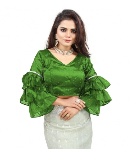 Generic Women's Organza Solid V Neck Layered Ruffle Sleeve Readymade Blouse (Light Green Free Size , up to 38–40 Bust)-PID65852