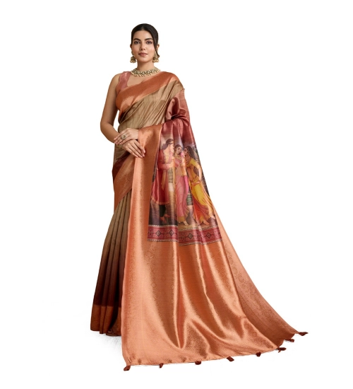 Generic Women's Silk Printed Saree With Unstitched Blouse 5.5Mtr (Peach)