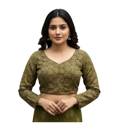 Generic Women's Ajrakh Cotton Halter Neck Padded Blouse (Olive, 38 Ready Size (Self-Alterable 36–40)