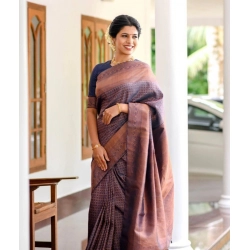 Generic Women's Litchi silk Printed Saree With Unstitched Blouse (Navy Blue)