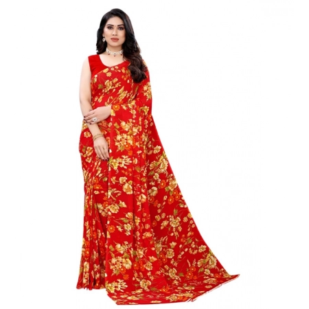 Generic Women's Georgette Floral Printed Saree With Unstitched Blouse 5.5Mtr (Red)