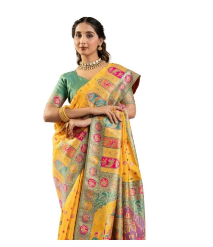 Generic Women's Faux_Banarasi Woven Motifs Saree With Unstitched Blouse 5.5Mtr (Yellow)