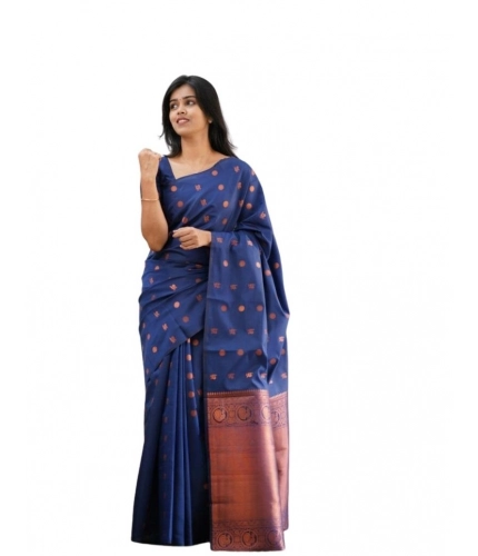 Generic Women's Soft Lichi Silk Printed Saree With Unstitched Blouse 5.5Mtr (Blue)