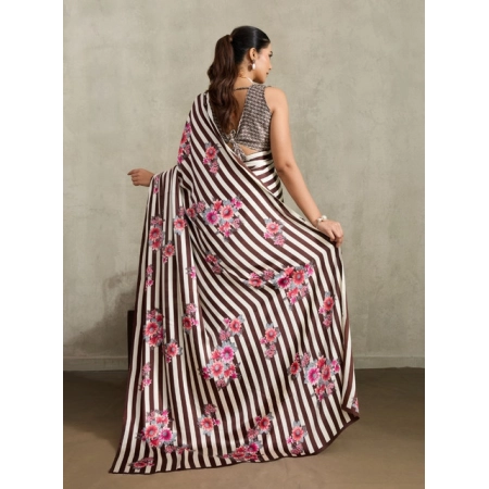 Women's Satin Crepe Printed Saree With Unstitched Blouse 5.5Mtr (Brown)