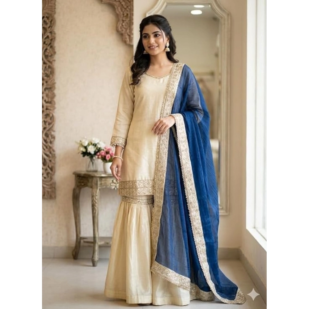 Generic Women's Silk Embroidered 3/4th Sleeve V-Neck Kurti With Sharara Pant and Dupatta Set (Cream & Blue) Generic Women's Silk Embroidered 3/4th Sleeve V-Neck Kurti With Sharara Pant and Dupatta Set (Cream & Blue)