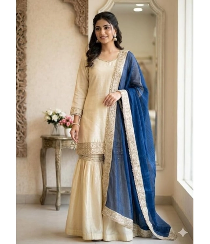 Generic Women's Silk Embroidered 3/4th Sleeve V-Neck Kurti With Sharara Pant and Dupatta Set (Cream &amp; Blue)