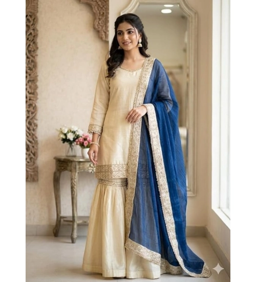 Generic Women's Silk Embroidered 3/4th Sleeve V-Neck Kurti With Sharara Pant and Dupatta Set (Cream & Blue) Generic Women's Silk Embroidered 3/4th Sleeve V-Neck Kurti With Sharara Pant and Dupatta Set (Cream & Blue)