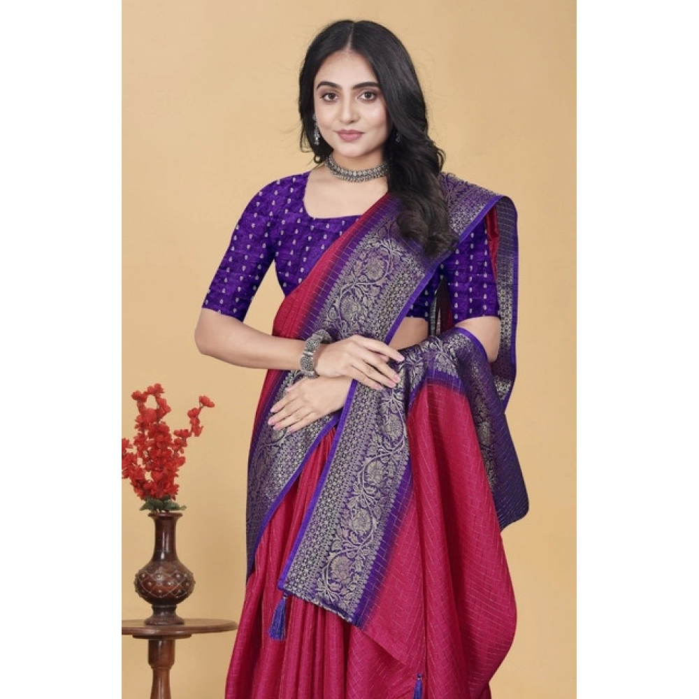 Women’s Cotton Blend Checkered Saree With Unstitched Blouse 5.5Mtr (Pink)