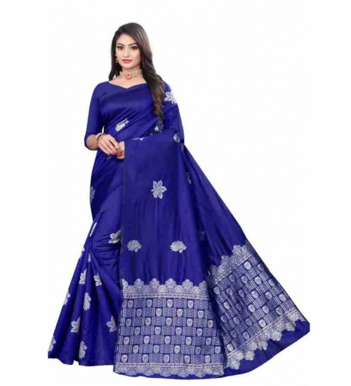 Generic Women's Soft Lichi Silk Printed Saree With Unstitched Blouse 5.5Mtr (Blue)