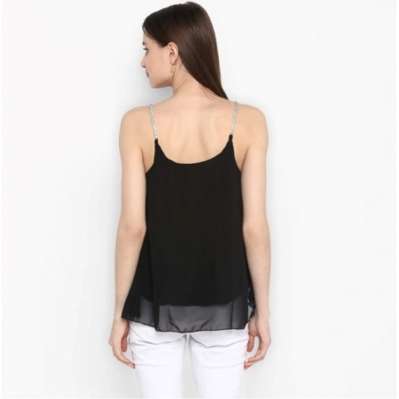 Generic Women's Polyester Embellished Shoulder Straps Top (Black) Generic Women's Polyester Embellished Shoulder Straps Top (Black)