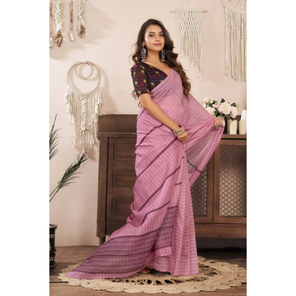Generic Women's Linen Cotton Printed Ready To Wear Saree With Unstitched Blouse 5.5 Mtr (Light_Pink)