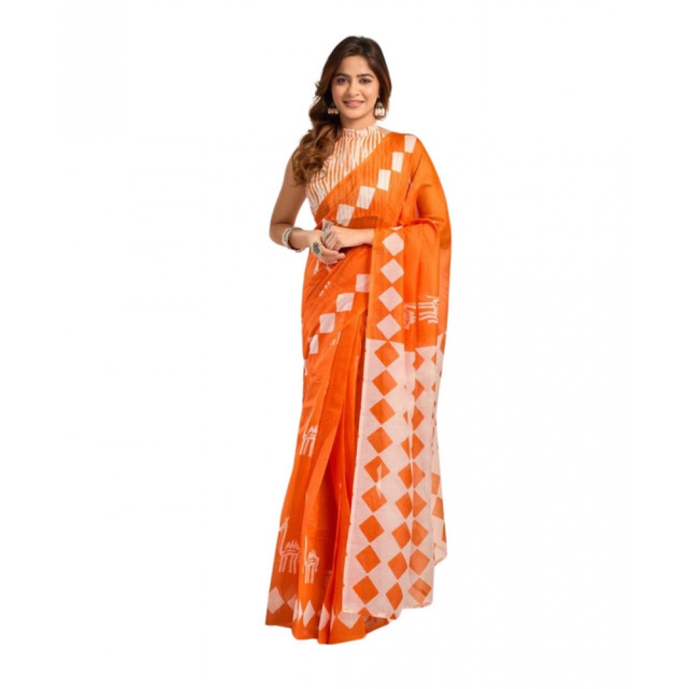 Generic Women's Faux_Linen Printed Ready-to-Wear Saree With Unstitched Blouse 5.5 Mtr (Orange) Generic Women's Faux_Linen Printed Ready-to-Wear Saree With Unstitched Blouse 5.5 Mtr (Orange)