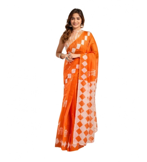 Generic Women's Faux_Linen Printed Ready-to-Wear Saree With Unstitched Blouse 5.5 Mtr (Orange)