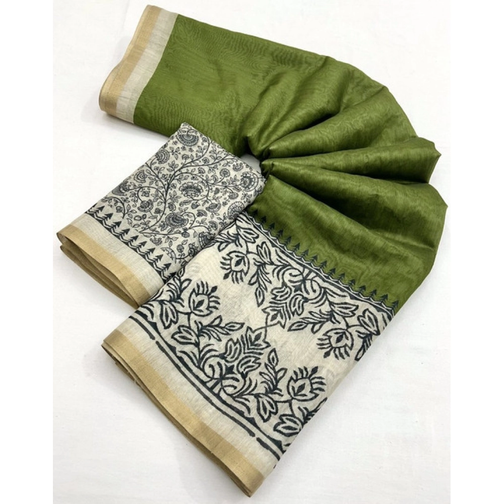 Women's Chanderi Printed Saree With Unstitched Blouse 5.5Mtr (Green)