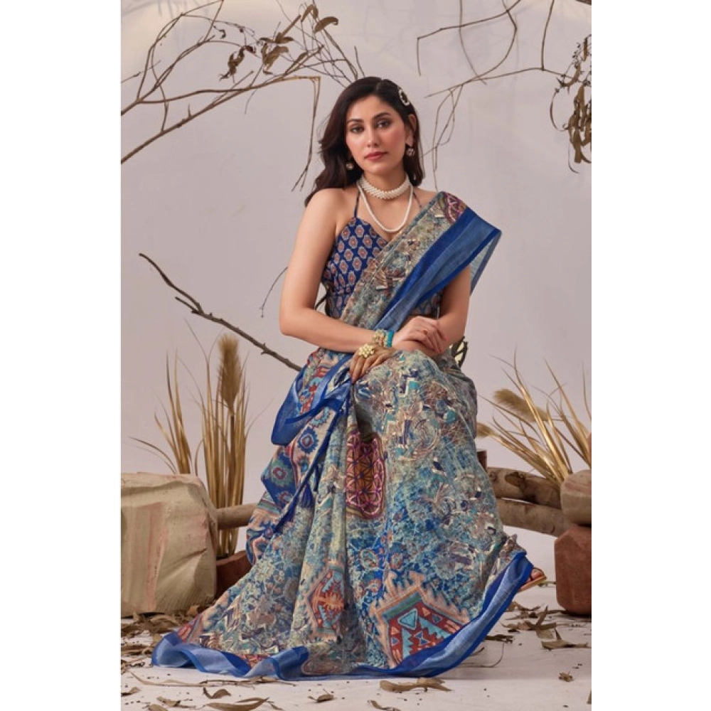 Generic Women's Faux_Linen Printed Saree With Unstitched Blouse 5.5Mtr (Navy_Blue)
