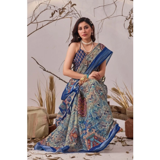 Generic Women's Faux_Linen Printed Saree With Unstitched Blouse 5.5Mtr (Navy_Blue)