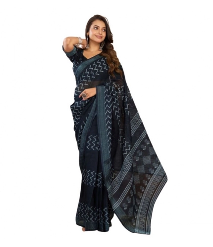 Generic Women's Faux Linen Geometric Print Ready to wear Saree With Unstitched Blouse 5.5Mtr (Black)