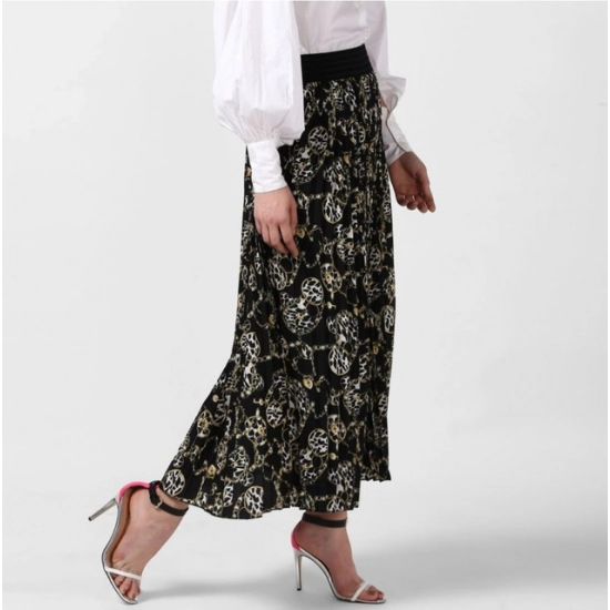 Generic Women's Georgette Chain Print Elasticated Skirt (Black-Cream) Generic Women's Georgette Chain Print Elasticated Skirt (Black-Cream)