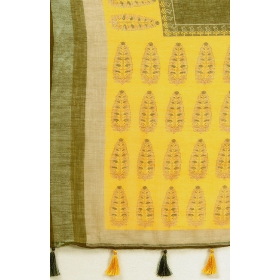 Generic Women's Cotton Linen Printed Saree With Unstitched Blouse 5.5Mtr (Green)