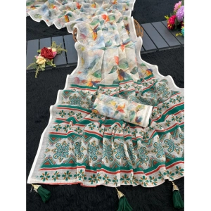 Generic Women's Linen Cotton  Printed Saree With Unstitched Blouse 5.5Mtr (Green)