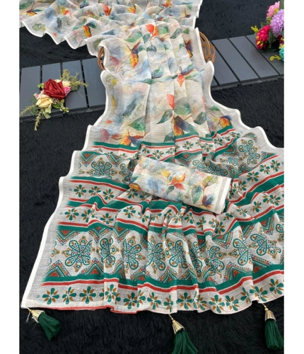Generic Women's Linen Cotton  Printed Saree With Unstitched Blouse 5.5Mtr (Green)