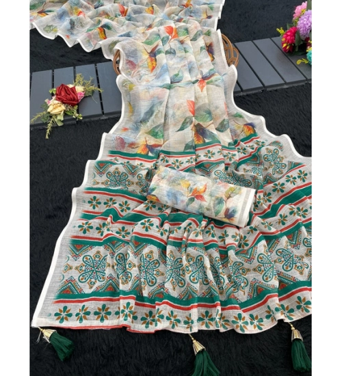 Generic Women's Linen Cotton  Printed Saree With Unstitched Blouse 5.5Mtr (Green)