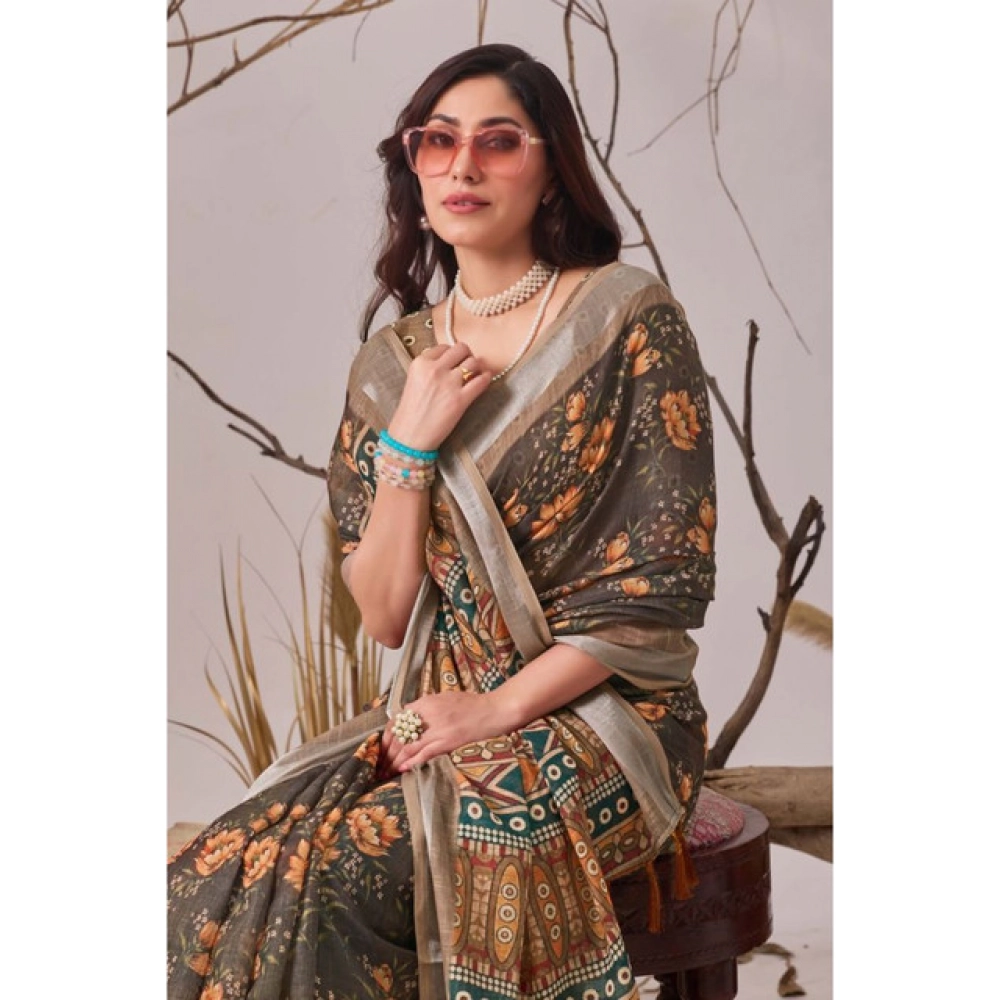 Generic Women's Faux_Linen Printed Saree With Unstitched Blouse 5.5Mtr (Slate_Grey)