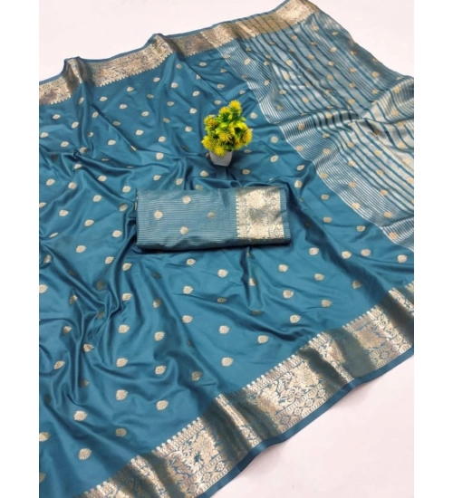 Generic Women's Jacquard Silk Jaquard Woven Saree With Unstitched Blouse 5.5Mtr (Light Blue)