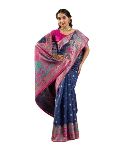 Generic Women's Faux_Banarasi Woven Motifs Saree With Unstitched Blouse 5.5Mtr (Navy_Blue)