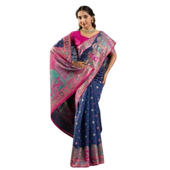 Generic Women's Faux_Banarasi Woven Motifs Saree With Unstitched Blouse 5.5Mtr (Navy_Blue) Generic Women's Faux_Banarasi Woven Motifs Saree With Unstitched Blouse 5.5Mtr (Navy_Blue)