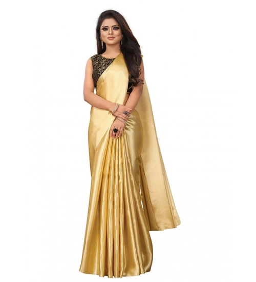 Generic Women's Satin Printed Saree With Unstitched Blouse 5.5Mtr (Gold)