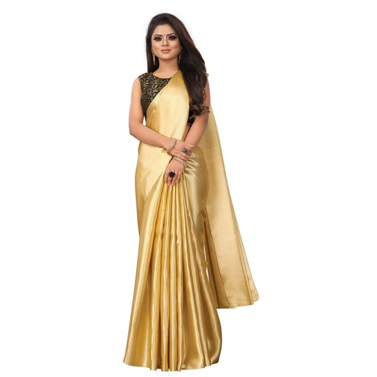 Generic Women's Satin Printed Saree With Unstitched Blouse 5.5Mtr (Gold)