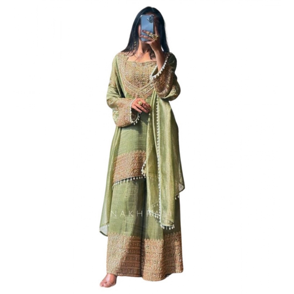 Generic Women's Silk Embroidered 3/4th Sleeve Round Kurti With Sharara Pant and Dupatta Set (Green) Generic Women's Silk Embroidered 3/4th Sleeve Round Kurti With Sharara Pant and Dupatta Set (Green)