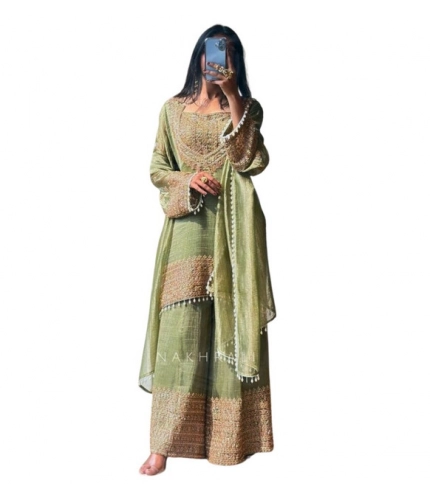 Generic Women's Silk Embroidered 3/4th Sleeve Round Kurti With Sharara Pant and Dupatta Set (Green)