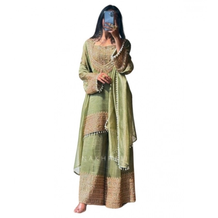 Generic Women's Silk Embroidered 3/4th Sleeve Round Kurti With Sharara Pant and Dupatta Set (Green)