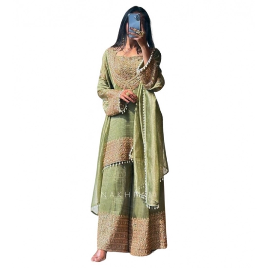 Generic Women's Silk Embroidered 3/4th Sleeve Round Kurti With Sharara Pant and Dupatta Set (Green) Generic Women's Silk Embroidered 3/4th Sleeve Round Kurti With Sharara Pant and Dupatta Set (Green)