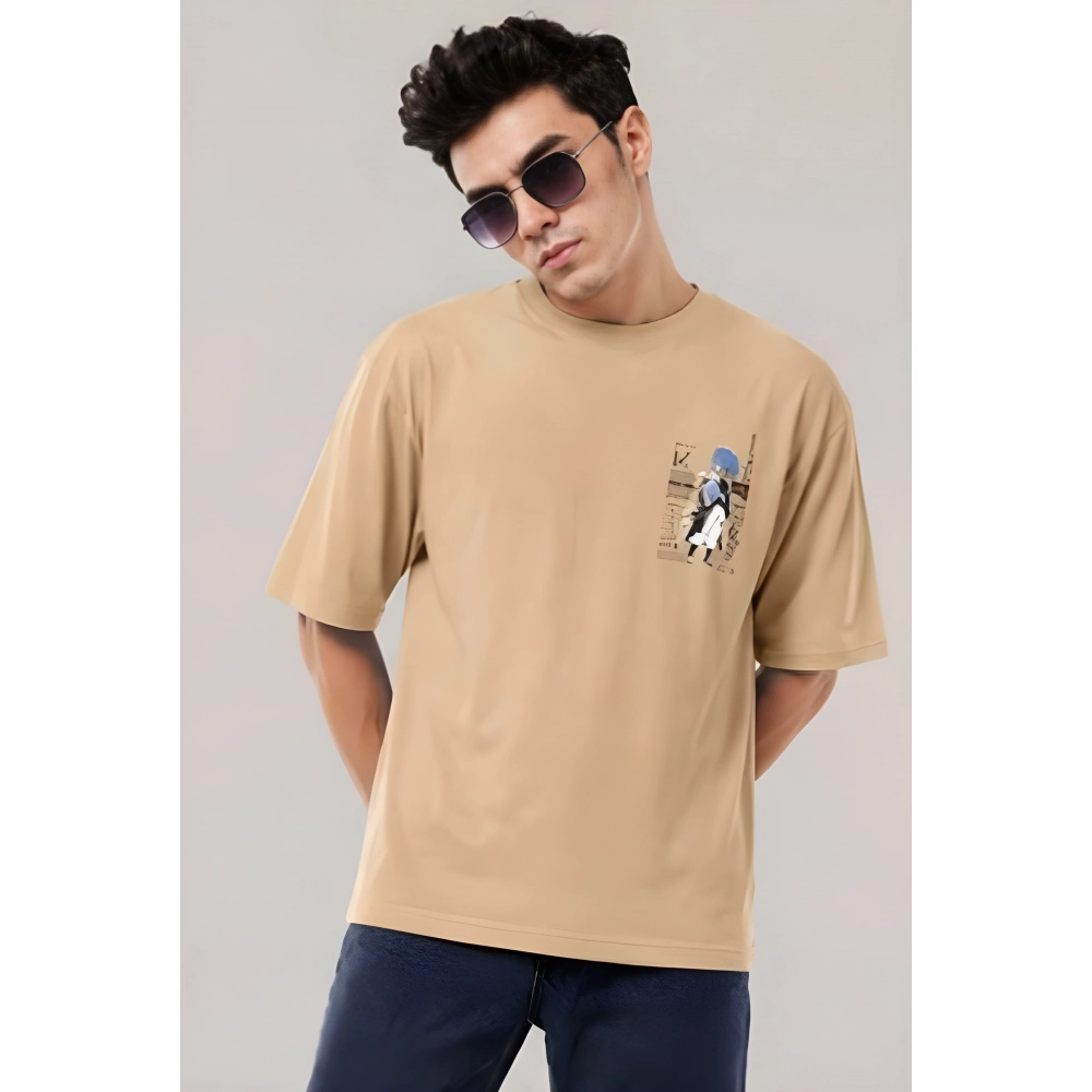 Generic Men's Cotton Blend Printed Oversized Round Neck Half Sleeve T-Shirt (Beige)
