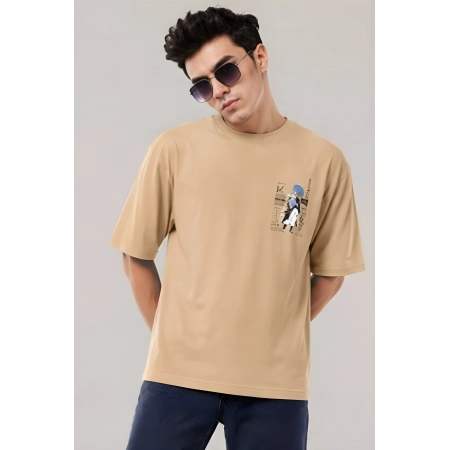 Generic Men's Cotton Blend Printed Oversized Round Neck Half Sleeve T-Shirt (Beige)