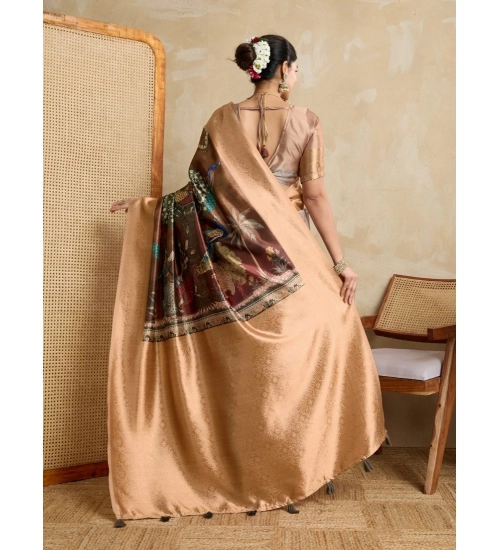 Generic Women's Silk Printed Saree With Unstitched Blouse 5.5Mtr (Brown)