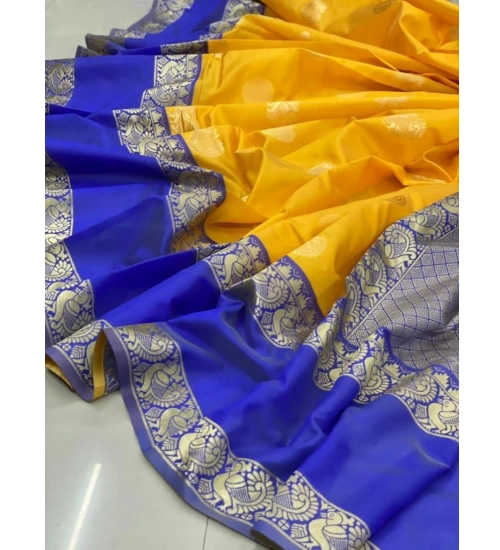 Generic Women's Soft Litchi Silk Jacquard Work Saree With Unstitched Blouse 5.5Mtr (Yellow)
