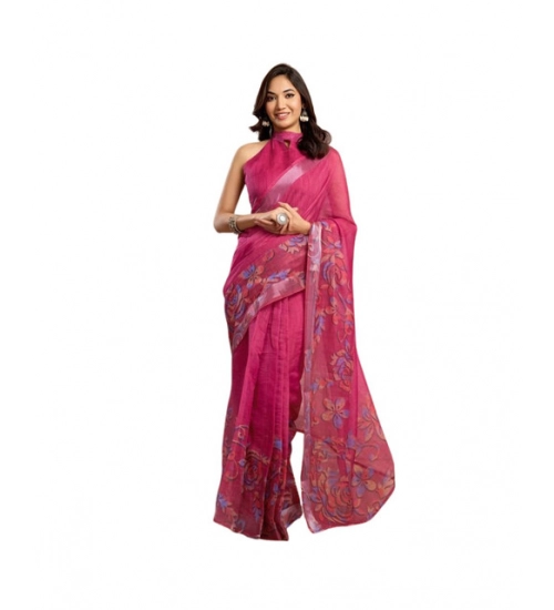 Generic Women's Faux_Linen Printed Ready-to-Wear Saree With Unstitched Blouse 5.5 Mtr (Pink)