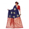 Generic Women's Soft Lichi Silk Printed Saree With Unstitched Blouse 5.5Mtr (Blue)