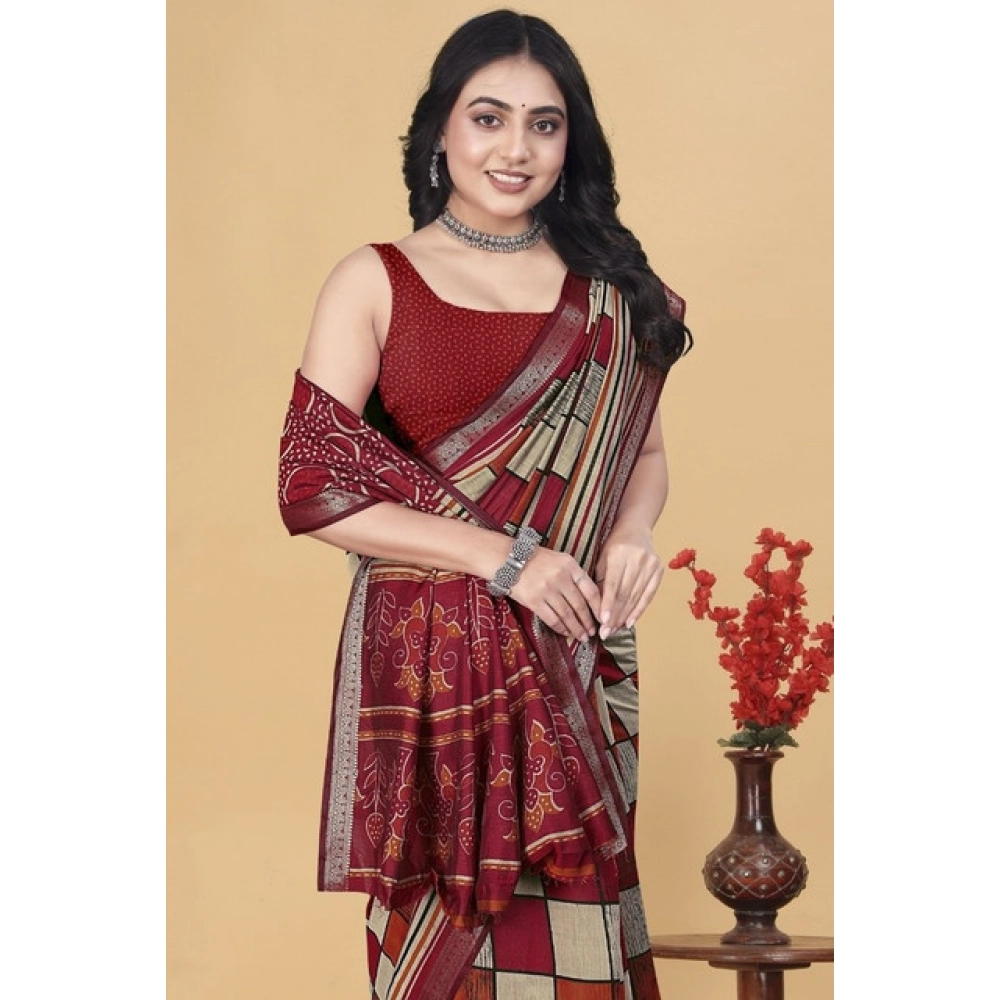 Women’s Dupion Silk Block Printed Saree With Unstitched Blouse 5.5Mtr (Multicolor)