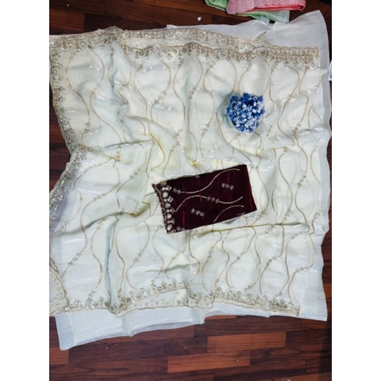Generic Women's Slik Embellished Saree With Unstitched Blouse 5.5Mtr (White)
