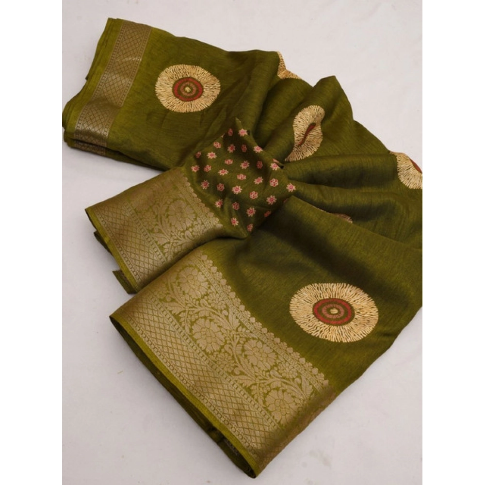 Women's Art Silk Printed Saree With Unstitched Blouse 5.5Mtr (Mehendi)
