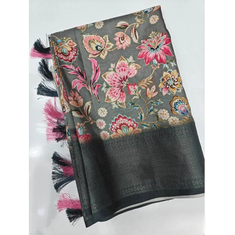 Generic Women's Cotton Silk Floral Printed Saree With Unstitched Blouse 5.5Mtr (Grey-Black)