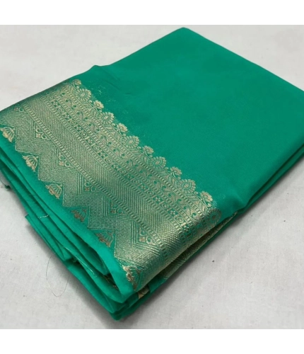 Generic Women's Crepe Chit Pallu Solid Saree With Unstitched Blouse 5.5Mtr (Turquoise Green)