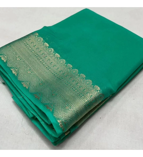 Generic Women's Crepe Chit Pallu Solid Saree With Unstitched Blouse 5.5Mtr (Turquoise Green)